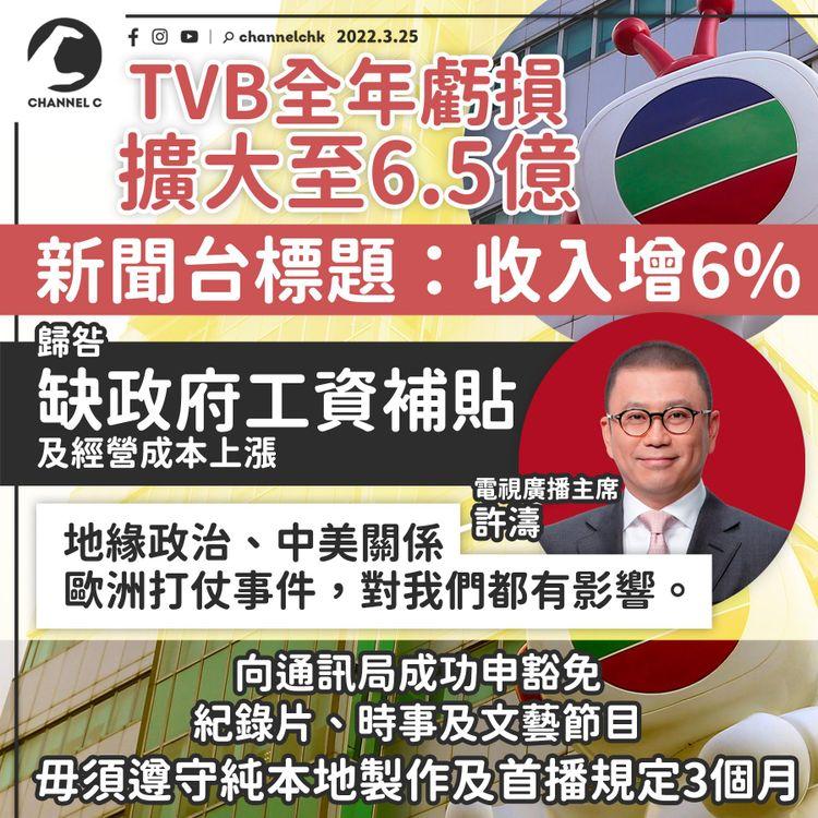 TVB全年虧損增至6.5億 歸咎缺政府工資補貼 新聞台標題：收入增6%