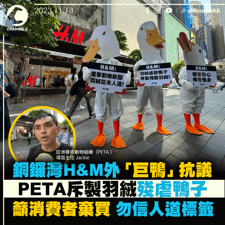 銅鑼灣H&M外「巨鴨」抗議　PETA斥製羽絨殘虐鴨子　籲消費者棄買、勿信人道標籤