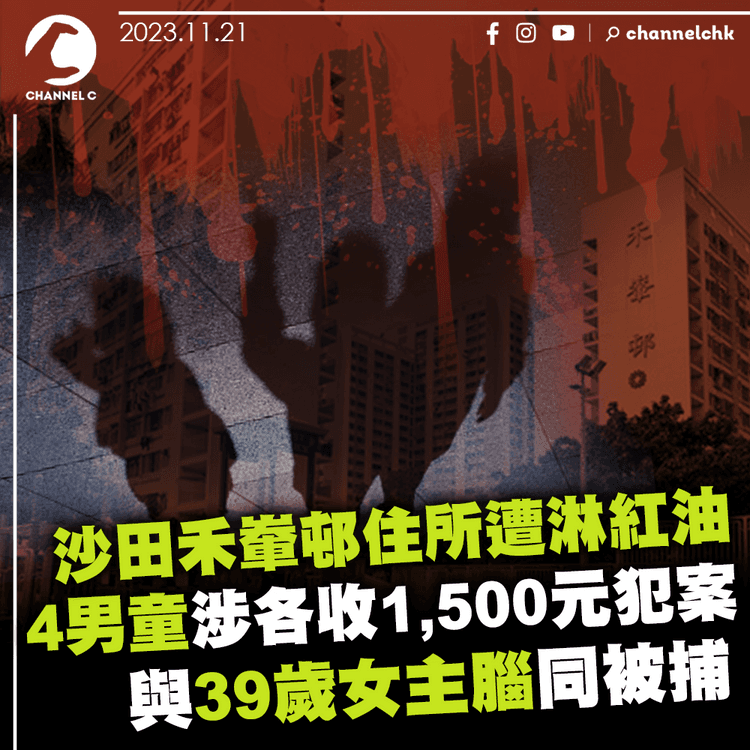 沙田禾輋邨住所遭淋紅油　4男童涉各收1,500元犯案　與39歲女主腦同被捕