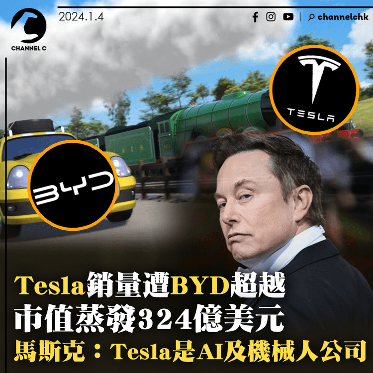 Tesla銷量遭BYD超越市值蒸發324億美元 馬斯克：特斯拉是AI及機械人公司