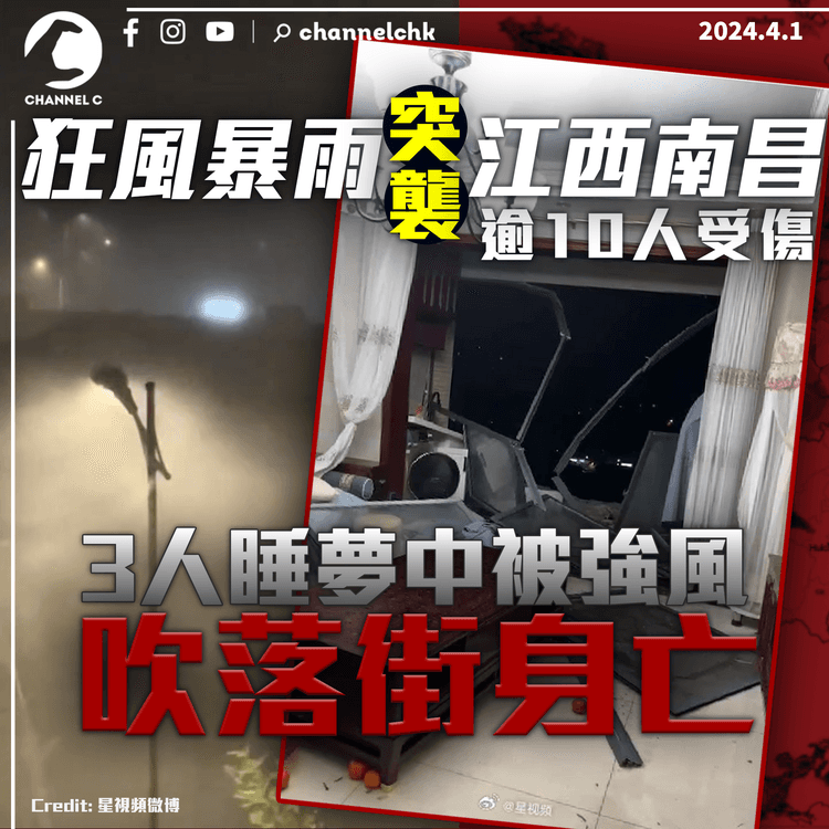 狂風暴雨突襲江西南昌　逾10人受傷　3人睡夢中吹落街身亡