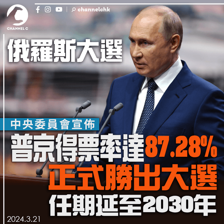 俄羅斯大選｜中央委員會宣佈普京得票率達87.28%　正式勝出大選