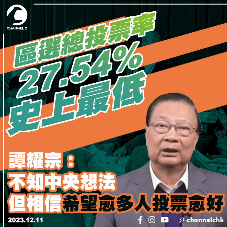 區選總投票率27.54%史上最低　譚耀宗：不知中央想法但相信希望愈多人投票愈好