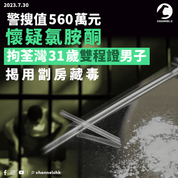 警搜值560萬元懷疑氯胺酮 拘荃灣31歲雙程證男子 揭用劏房藏毒