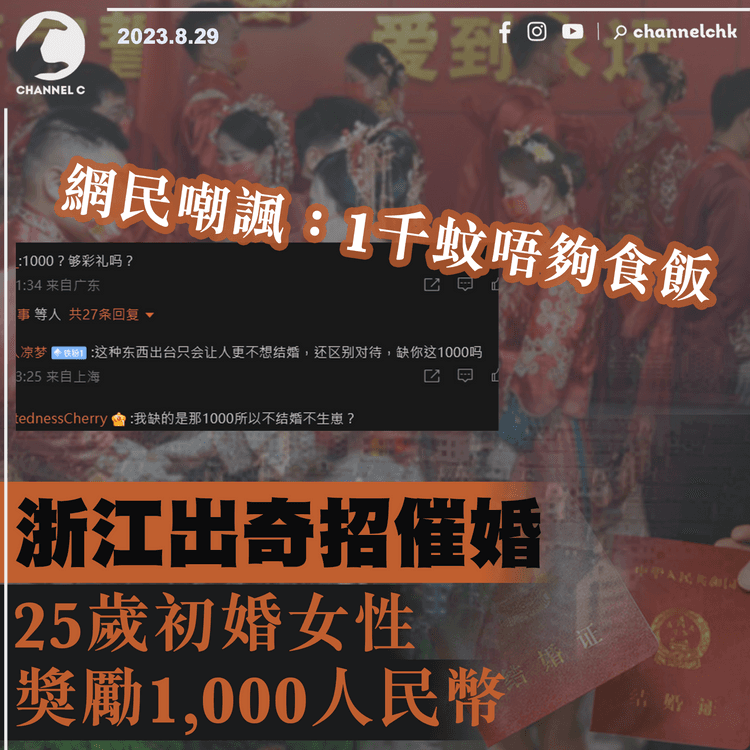 浙江出奇招催婚　25歲初婚女性可獲1,000人民幣　網民諷：1千蚊唔夠食飯