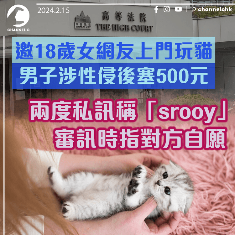 邀18歲女網友上門玩貓　男子涉性侵後塞500元　兩度私訊稱「srooy」　審訊時指對方自願