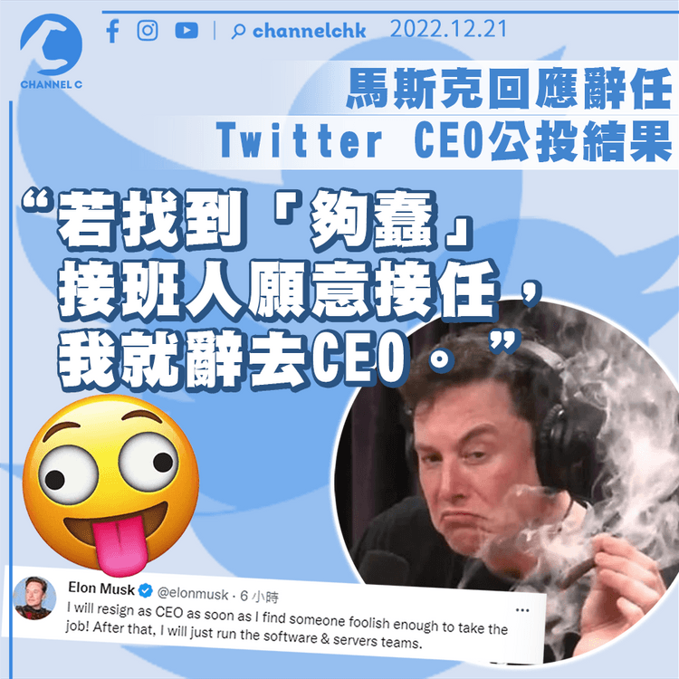 馬斯克回應辭任Twitter CEO公投結果：搵到夠蠢接班人接任先離職