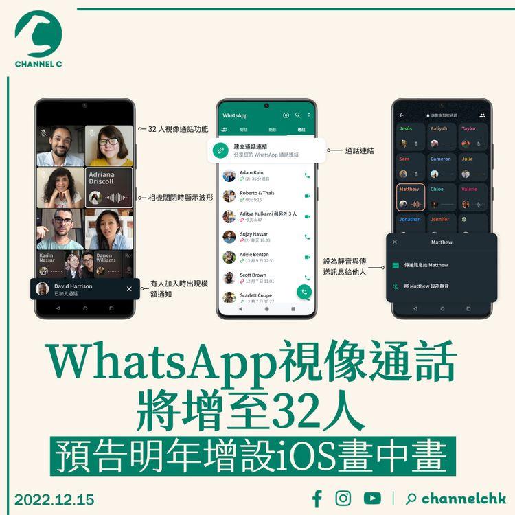 WhatsApp視像通話將增至32人 預告明年增設iOS畫中畫