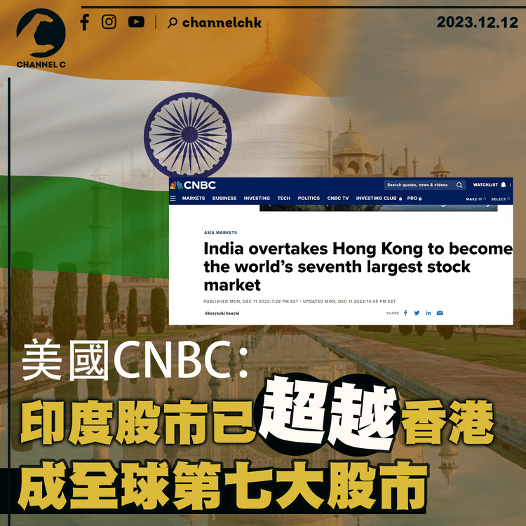 美國CNBC：印度股市已超越香港　成全球第七大股市